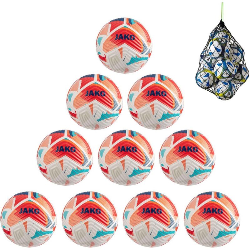 Fu&szlig;b&auml;lle Set 10 x JAKO Trainingsball Flow wei&szlig;/fluo red/navy 4 im Ballnetz